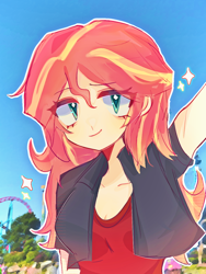 Size: 1080x1440 | Tagged: safe, artist:sanshuiyiwang, imported from derpibooru, sunset shimmer, human, equestria girls, amusement park, clothes, jacket, looking at you, solo, sparkles
