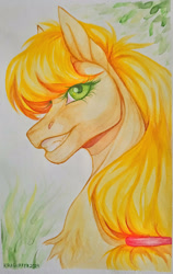 Size: 1366x2160 | Tagged: safe, artist:dementra369, imported from derpibooru, applejack, earth pony, pony, bust, chest fluff, colored pupils, female, green eyes, grin, looking at you, mare, missing freckles, portrait, smiling, solo, traditional art, watercolor painting