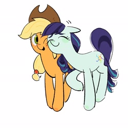 Size: 2048x2048 | Tagged: safe, artist:seywun3, imported from derpibooru, applejack, coloratura, earth pony, pony, applejack's hat, cowboy hat, cute, duo, eyes closed, female, hairband, hat, high res, lesbian, mare, nuzzling, one eye closed, raised hoof, rara, rarajack, shipping, simple background, smiling, white background