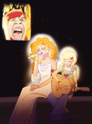 Size: 1802x2424 | Tagged: safe, artist:guagua723, imported from derpibooru, applejack, bright mac, pear butter, human, bereal., clothes, denim, dress, eyes closed, guitar, humanized, jeans, meme, microphone, musical instrument, night, open mouth, pants, screaming, screaming fan meme, stars