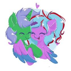 Size: 875x875 | Tagged: safe, artist:skylinepony_, imported from derpibooru, oc, oc only, pegasus, pony, cute, duo, duo female, eyes closed, female, fluffy, heart, hug, pegasus oc, simple background, smiling, white background, wings