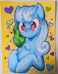 Size: 2100x2680 | Tagged: safe, artist:floralshitpost, imported from derpibooru, linky, shoeshine, oc, oc:anon, pony, blushing, chest fluff, copic, disembodied hand, fur, hand, heart, heart background, heart eyes, markers, simple background, traditional art, wingding eyes