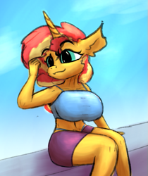 Size: 433x515 | Tagged: safe, artist:ismyaltaccount, imported from derpibooru, sunset shimmer, anthro, belly button, big breasts, big ears, breasts, busty sunset shimmer, cute, female, horn, sitting, sky background, smiling, solo