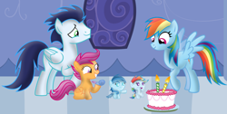 Size: 3812x1926 | Tagged: artist needed, safe, imported from derpibooru, rainbow dash, scootaloo, soarin', oc, oc:ragtag, oc:shooting star, pegasus, pony, baby, baby pony, birthday, cake, female, filly, foal, food, male, mare, offspring, parent:rainbow dash, parent:soarin', parents:soarindash, party horn, screencap background, shipping, siblings, soarindash, stallion, straight, twins
