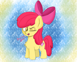 Size: 2500x2000 | Tagged: safe, artist:bazza, artist:kenzie, derpibooru exclusive, imported from derpibooru, apple bloom, earth pony, pony, adorabloom, bow, bronybait, cute, eyeshadow, female, filly, foal, hair bow, looking at you, makeup, obscure reference, one eye closed, open mouth, paint tool sai, signature, simple shading, solo, talking, talking to viewer, text, wink, winking at you