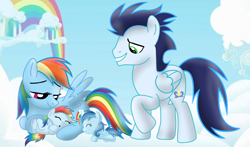 Size: 3812x2235 | Tagged: artist needed, safe, imported from derpibooru, rainbow dash, soarin', oc, oc:ragtag, oc:shooting star, pegasus, pony, baby, baby pony, female, filly, foal, male, mare, offspring, parent:rainbow dash, parent:soarin', parents:soarindash, screencap background, shipping, soarindash, stallion, straight