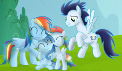 Size: 3812x2235 | Tagged: artist needed, safe, imported from derpibooru, rainbow dash, soarin', oc, oc:ragtag, oc:shooting star, pegasus, pony, female, filly, foal, hug, male, mare, offspring, parent:rainbow dash, parent:soarin', parents:soarindash, screencap background, shipping, siblings, soarindash, stallion, straight, twins
