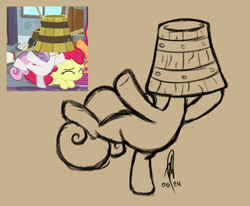 Size: 1454x1200 | Tagged: safe, artist:hopefulsparks, imported from derpibooru, sweetie belle, pony, unicorn, bucket, female, filly, foal, horn, monochrome, scene interpretation, screencap reference, simple background, sketch