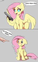 Size: 2500x4000 | Tagged: safe, artist:skitsroom, imported from derpibooru, fluttershy, human, pegasus, pony, 2 panel comic, colored eyebrows, comic, crying, duo, female, gray background, gun, hand, handgun, happy, mare, no pupils, offscreen character, offscreen human, open mouth, open smile, pistol, pointing, sad, scolding, simple background, sitting, smiling, solo focus, weapon, wing hands, wings