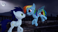 Size: 750x421 | Tagged: safe, artist:fernjames, imported from derpibooru, rainbow dash, soarin', pegasus, pony, 3d, duo, duo male and female, female, male, mare, moon, shipping, soarindash, source filmmaker, stallion, straight