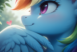 Size: 1580x1081 | Tagged: safe, imported from derpibooru, rainbow dash, pegasus, pony, ai content, ai generated, backlighting, blurry background, blush lines, blushing, cheek fluff, close-up, ear fluff, eyelashes, female, floating heart, generator:bluefox mix, generator:stable diffusion, heart, mare, outdoors, pondering, prompter:adorablebluefox, side view, smiling, solo, wing fluff, wing hands, wing to chin, wings