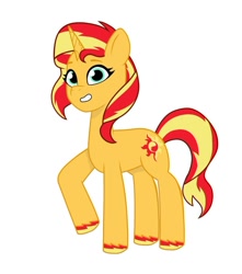 Size: 640x725 | Tagged: safe, artist:jazzhooves, imported from derpibooru, sunset shimmer, pony, unicorn, female, g4 to g5, g5, generation leap, horn, raised hoof, simple background, smiling, solo, white background