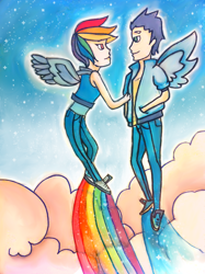 Size: 800x1071 | Tagged: safe, artist:marie-ah, imported from derpibooru, rainbow dash, soarin', human, duo, duo male and female, female, flying, humanized, male, rainbow trail, shipping, sky, soarindash, straight