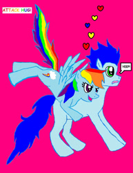 Size: 750x974 | Tagged: safe, artist:mewluna, imported from derpibooru, rainbow dash, soarin', pegasus, pony, 1000 hours in ms paint, duo, duo male and female, female, male, mare, pink background, shipping, simple background, soarindash, stallion, straight