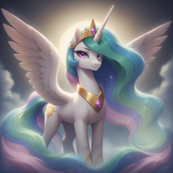 Size: 1024x1024 | Tagged: safe, imported from derpibooru, princess celestia, alicorn, pony, ai content, ai generated, beautiful, cloud, female, generator:bluefox mix, generator:stable diffusion, horn, jewelry, looking at you, mare, peytral, praise the sun, pretty, prompter:adorablebluefox, regalia, smiling, solo, spread wings, standing, tail, tiara, wings