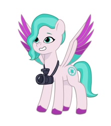 Size: 640x725 | Tagged: safe, artist:jazzhooves, imported from derpibooru, pegasus, pony, camera, colored wings, female, g5, shutter snap, simple background, smiling, solo, spread wings, white background, wings