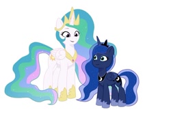 Size: 640x435 | Tagged: safe, artist:jazzhooves, imported from derpibooru, princess celestia, princess luna, alicorn, pony, colored wings, crown, duo, duo female, ethereal mane, ethereal tail, eyeshadow, female, g4 to g5, g5, gauntlet, generation leap, jewelry, looking at each other, looking at someone, makeup, mare, regalia, royal sisters, siblings, simple background, sisters, size difference, smiling, tail, white background, wings
