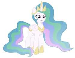 Size: 640x497 | Tagged: safe, artist:jazzhooves, imported from derpibooru, princess celestia, alicorn, pony, crown, ethereal mane, ethereal tail, female, g4 to g5, g5, gauntlet, generation leap, jewelry, regalia, simple background, smiling, solo, tail, white background