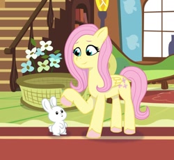 Size: 640x590 | Tagged: safe, artist:jazzhooves, imported from derpibooru, angel bunny, fluttershy, pegasus, pony, rabbit, animal, book, couch, duo, female, flower, fluttershy's cottage, g4 to g5, g5, generation leap, interior, looking at each other, looking at someone, male, mare, raised hoof, smiling, staircase, window