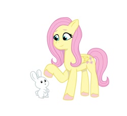 Size: 640x590 | Tagged: safe, artist:jazzhooves, imported from derpibooru, angel bunny, fluttershy, pegasus, pony, rabbit, animal, duo, female, g4 to g5, g5, generation leap, looking at each other, looking at someone, male, raised hoof, simple background, white background