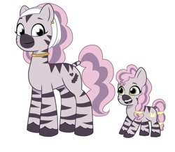 Size: 640x558 | Tagged: safe, artist:jazzhooves, idw, imported from derpibooru, zebra, spoiler:comic, spoiler:g5comic, spoiler:g5comic14, braces, duo, duo female, ear piercing, earring, female, g5, hairband, jewelry, mariama, mother and child, mother and daughter, my little pony: tell your tale, neck rings, open mouth, piercing, simple background, skye, smiling, white background