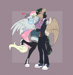Size: 2173x2217 | Tagged: safe, artist:tomi_ouo, imported from derpibooru, oc, oc only, oc:blazey sketch, alicorn, anthro, pegasus, alicorn oc, bow, cheek kiss, clothes, duo, hair bow, horn, kissing, male and female, pegasus oc, shipping, simple background, smooch, sweater, wings