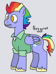 Size: 2256x2988 | Tagged: safe, artist:naggfruit, imported from derpibooru, bow hothoof, gray background, male, multicolored hair, rainbow hair, simple background, solo, stallion, stubble, unshorn fetlocks