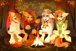 Size: 4000x2700 | Tagged: safe, artist:zlatavector, imported from derpibooru, oc, oc only, oc:honey milk, oc:pumpkin spice, bat pony, bee, insect, pony, autumn, bat pony oc, bat wings, belly, belly button, campfire, chest fluff, clothes, commission, ear fluff, ear piercing, featureless crotch, female, fire, forest, guitar, human shoulders, mare, minecraft, musical instrument, nature, piercing, plushie, scarf, singing, sitting, smiling, striped scarf, sweater, tree, unnamed character, unshorn fetlocks, wings