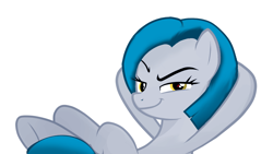 Size: 1024x576 | Tagged: source needed, safe, anonymous artist, imported from derpibooru, oc, oc only, oc:lorelei kernav, earth pony, arm behind head, eyebrows, female, looking at you, raised eyebrow, reclining, simple background, smug, solo, white background