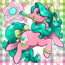 Size: 2400x2400 | Tagged: safe, artist:sparkytopia, imported from derpibooru, earth pony, pony, bow, bracelet, digital art, female, g3, green eyes, green mane, hair bow, jewelry, mare, may belle, mouth hold, pink coat, piñata, shiny mane, solo, sparkles, tail, tail bow, teal mane