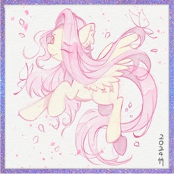 Size: 1280x1280 | Tagged: safe, artist:co306012, imported from derpibooru, fluttershy, pegasus, pony, female, mare, one eye closed, petals, smiling, solo, spread wings, wings, wink