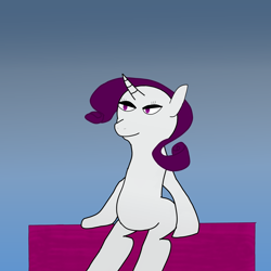Size: 2000x2000 | Tagged: safe, artist:crimsonenjoyer, imported from derpibooru, rarity, pony, curved horn, full body, gradient background, horn, krita, lidded eyes, looking away, missing cutie mark, no tail, purple mane, sitting, smiling, solo