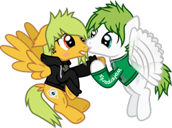 Size: 1786x1326 | Tagged: safe, artist:lightningbolt, derpibooru exclusive, imported from derpibooru, part of a set, pegasus, pony, .svg available, alex gaskarth, all time low, awsten knight, blushing, butt fluff, buzzing wings, cheek fluff, clothes, duo, duo male, dyed mane, dyed tail, ear fluff, floppy ears, flying, gay, heterochromia, hood, hoodie, hoof fluff, hoof grab, horseshoes, jewelry, kissing, lip bite, long sleeves, looking at each other, looking at someone, male, necklace, ponified, shipping, show accurate, simple background, smiling, spread wings, svg, tail, tail feathers, tattoo, transparent background, vector, waterparks, wing fluff, wings