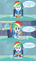 Size: 3840x6480 | Tagged: safe, artist:octosquish7260, imported from derpibooru, rainbow dash, human, equestria girls, 3 panel comic, bread, breakfast, chair, cheese, clothes, comic, curtains, dialogue, duality, duo, egg (food), egg sandwich, female, food, fried egg, frying pan, geode of super speed, glass, happy, hoodie, humanized, i can't believe it's not hasbro studios, jacket, lettuce, magical geodes, open mouth, oven, paper towels, plate, rainbow dash's house, sandwich, self paradox, shirt, sliced cheese, speech bubble, table, teenager, teeth, text, tomato, water, window, wristband