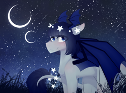 Size: 2000x1473 | Tagged: safe, artist:riressa, imported from derpibooru, oc, oc only, oc:blumoon, bat pony, pony, bat wings, female, head wings, leonine tail, mare, moon, night, shooting star, solo, stars, wing ears, wings
