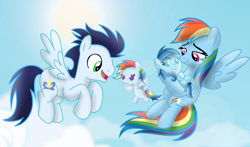 Size: 3812x2235 | Tagged: artist needed, safe, imported from derpibooru, rainbow dash, soarin', oc, oc:ragtag, oc:shooting star, pegasus, pony, baby, baby pony, female, filly, foal, male, mare, offspring, parent:rainbow dash, parent:soarin', parents:soarindash, screencap background, shipping, siblings, soarindash, stallion, straight, twins