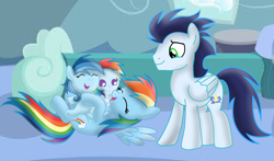 Size: 3812x2235 | Tagged: artist needed, safe, imported from derpibooru, rainbow dash, soarin', oc, oc:ragtag, oc:shooting star, pegasus, pony, baby, baby pony, female, filly, foal, male, mare, offspring, parent:rainbow dash, parent:soarin', parents:soarindash, screencap background, shipping, siblings, soarindash, stallion, straight, twins
