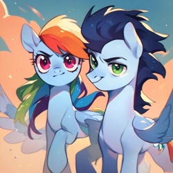 Size: 1024x1024 | Tagged: safe, imported from derpibooru, rainbow dash, soarin', pegasus, pony, ai content, ai generated, duo, duo male and female, female, generator:purplesmart.ai, generator:stable diffusion, male, mare, shipping, soarindash, stallion, straight