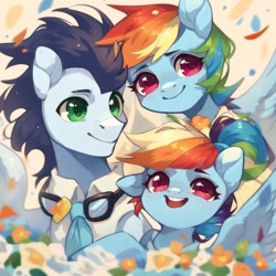 Size: 1024x1024 | Tagged: safe, imported from derpibooru, rainbow dash, soarin', pegasus, pony, ai content, ai generated, female, filly, foal, generator:purplesmart.ai, generator:stable diffusion, male, mare, offspring, parent:rainbow dash, parent:soarin', parents:soarindash, shipping, soarindash, stallion, straight, trio