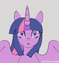 Size: 600x640 | Tagged: safe, artist:petaltwinkle, imported from derpibooru, twilight sparkle, alicorn, pony, 3d, 3d model, :<, animated, animation test, colored sclera, eyelashes, female, front view, gray background, gray sclera, horn, long mane, looking at you, mare, multicolored mane, open frown, open mouth, purple coat, purple eyes, shocked, shrunken pupils, signature, simple background, solo, spread wings, straight mane, surprised, twilight sparkle (alicorn), unicorn horn, windswept mane, wingding eyes, wings