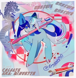 Size: 2115x2172 | Tagged: safe, artist:emoboy130, imported from derpibooru, minuette, dragon, pony, unicorn, :3, abstract background, bandaid, blue eyes, blue mane, border, chest fluff, colored, colored hooves, eye clipping through hair, eyebrows, eyebrows visible through hair, eyelashes, female, high res, horn, lidded eyes, long mane, long tail, mare, mouth hold, narrowed eyes, pink text, raised hoof, shiny hooves, shiny mane, shiny tail, signature, smiling, solo, tail, text, toothbrush, toothpaste, two toned mane, two toned tail, unicorn horn, wingding eyes, zoom layer
