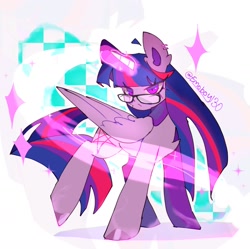 Size: 1648x1644 | Tagged: safe, artist:emoboy130, imported from derpibooru, twilight sparkle, alicorn, pony, abstract background, ahoge, alternate cutie mark, bandaid, bangs, big ears, chest fluff, colored, colored hooves, colored pinnae, colored sclera, ear fluff, ear piercing, earring, eye clipping through hair, eyelashes, female, folded wings, frown, glowing, glowing horn, horn, jewelry, large wings, lidded eyes, long mane, long tail, magic, mare, multicolored mane, multicolored tail, narrowed eyes, pentagram, piercing, pink sclera, purple coat, purple eyes, raised leg, shadow, shiny hooves, signature, solo, sparkles, tail, tall ears, twilight sparkle (alicorn), unicorn horn, wingding eyes, wings, zoom layer