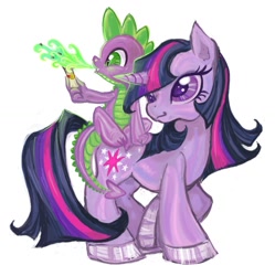 Size: 1369x1375 | Tagged: safe, artist:eyerealm, imported from derpibooru, spike, twilight sparkle, dragon, pony, unicorn, baby, baby dragon, big eyes, colored, colored hooves, colored pinnae, dragonfire, dragons riding ponies, duo, duo male and female, eyelashes, female, fire, green fire, holding, long mane, long tail, male, mare, multicolored mane, multicolored tail, purple coat, purple eyes, raised hoof, riding, riding a pony, scroll, shiny hooves, simple background, sitting on, sitting on person, sitting on pony, smiling, spike riding twilight, straight mane, straight tail, tail, thick legs, unicorn twilight, white background, wingding eyes