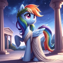 Size: 1024x1024 | Tagged: safe, imported from derpibooru, rainbow dash, pegasus, pony, ai content, ai generated, ancient greece, clothes, column, generator:bing image creator, generator:dall-e 3, laurel wreath, night, prompter:tychotma-1, raised hoof, solo, stars, temple, toga