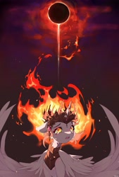 Size: 2688x3975 | Tagged: safe, artist:aniimoni, imported from derpibooru, daybreaker, alicorn, pony, armor, crown, crying, eclipse, eyeshadow, fangs, female, gem, helmet, high res, horn, jewelry, large wings, makeup, mane of fire, mare, peytral, regalia, sad, slit pupils, solo, wings