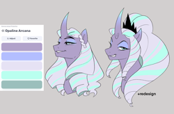Size: 2048x1342 | Tagged: safe, artist:aztrial, imported from derpibooru, opaline arcana, alicorn, pony, alternate hairstyle, bust, crown, curved horn, eyeshadow, female, g5, gray background, grin, gritted teeth, horn, jewelry, makeup, mare, palette, redesign, reference sheet, regalia, simple background, smiling, solo, teeth