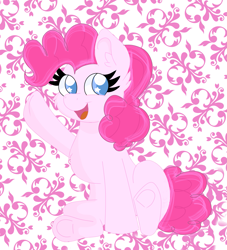 Size: 2103x2311 | Tagged: safe, artist:cinematic-fawn, imported from derpibooru, pinkie pie, earth pony, pony, abstract background, patterned background, raised hoof, sitting, smiling, solo