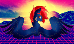 Size: 1995x1200 | Tagged: safe, artist:majesticwhalequeen, imported from derpibooru, oc, oc only, oc:whiplash, pegasus, pony, 80s, bandaid, female, mare, solo, spread wings, synthwave, wings