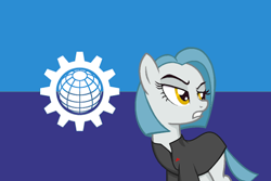 Size: 506x337 | Tagged: source needed, safe, anonymous artist, imported from derpibooru, oc, oc only, oc:lorelei kernav, earth pony, clothes, eyebrows, female, flag, industria, raised eyebrow, solo, uniform