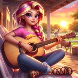 Size: 1024x1024 | Tagged: safe, imported from derpibooru, sunset shimmer, horse, human, equestria girls, ai content, ai generated, braid, clothes, denim, farm, generator:bing image creator, generator:dall-e 3, guitar, jeans, musical instrument, outdoors, pants, prompter:yet-one-more-idiot, sandals, shirt, sitting, sunset, t-shirt